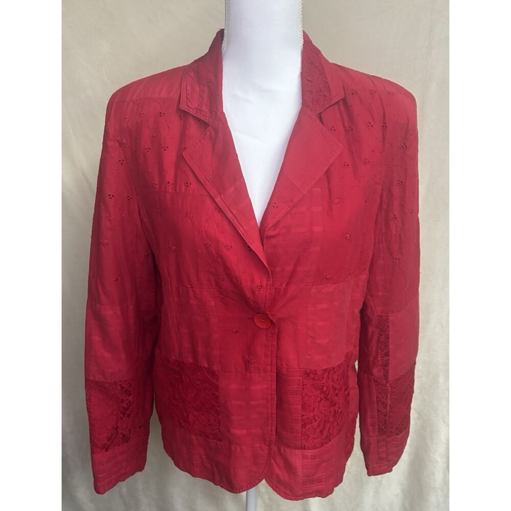 Coldwater Creek Red Cotton Eyelet Lace Patchwork Quilt Embroidered Blazer M Xmas